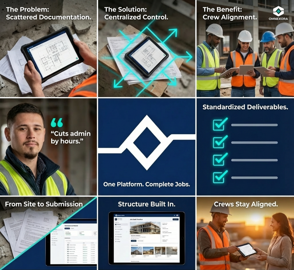 OMNEXORA Complete Workflow: The Problem - Scattered Documentation, The Solution - Centralized Control, The Benefit - Crew Alignment. Testimonial: Cuts admin by hours. One Platform. Complete Jobs. Standardized Deliverables. From Site to Submission. Structure Built In. Crews Stay Aligned.